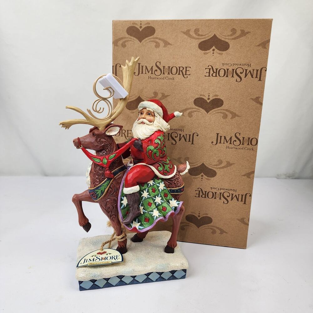 Jim Shore Dreams Delivered Santa Riding Reindeer 10" x 6" 2018 Enesco Read Boxed